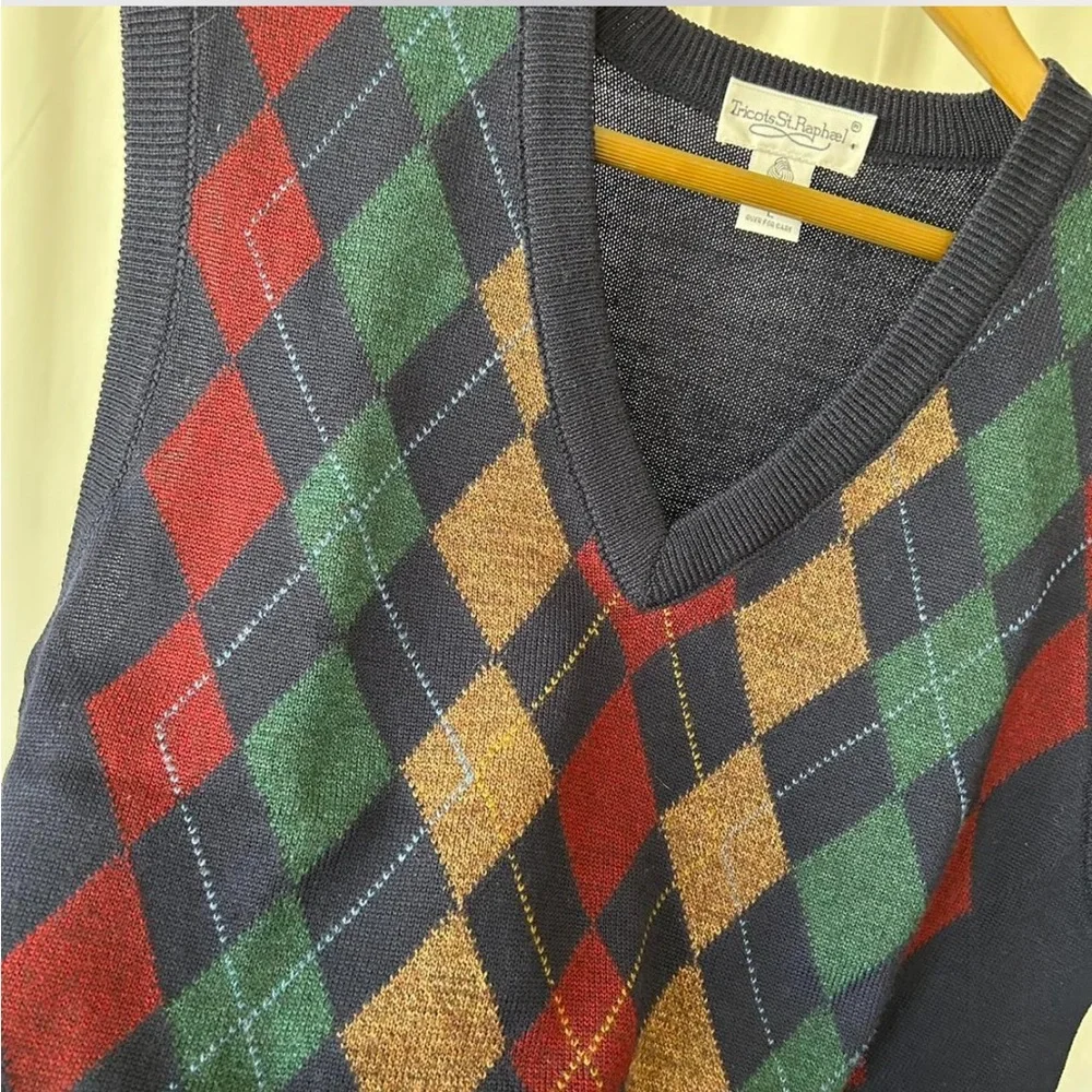 Vintage Navy blue Tricot St. Raphael argyle sweater vest Pure New Wool large. - Picture 6 of 7